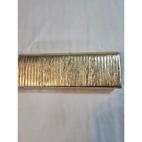 Raj Gold Metallic Pleated Clutch Evening Bag Rhinestone Embellished Chain Strap - Picture 3 of 9